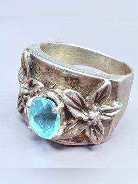 Sz 9 PRAIRIE FIRE Blue Topaz Catchfly Flower Southwestern Ring Sterling 925